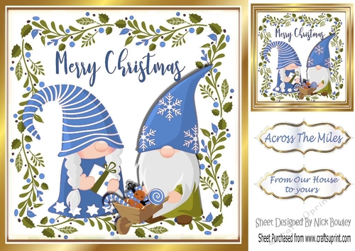 cute pair of christmas gnomes in holly frame (blue) 8x8