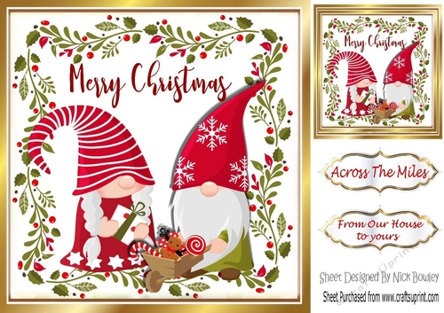  pair of christmas gnomes in holly frame  8x8