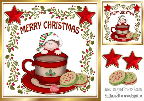 Santas little elf with red stars & cookies in a teacup 8x8