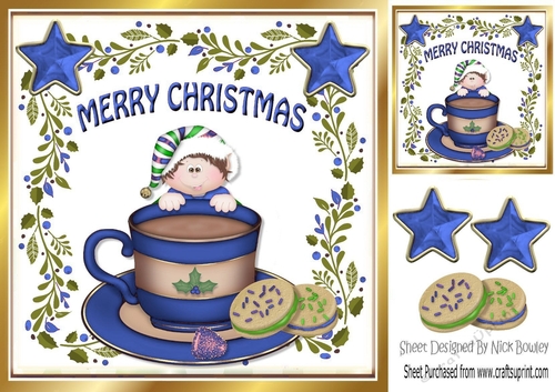 Santas little elf with blue stars & cookies in a teacup 8x8