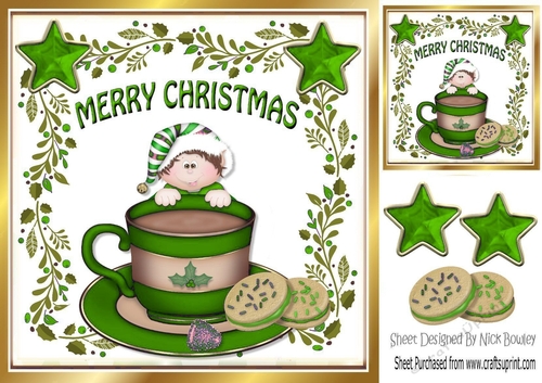 Santas little elf with green stars & cookies in a teacup 8x8
