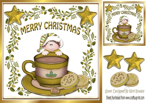 Santas little elf with gold stars & cookies in a teacup 8x8