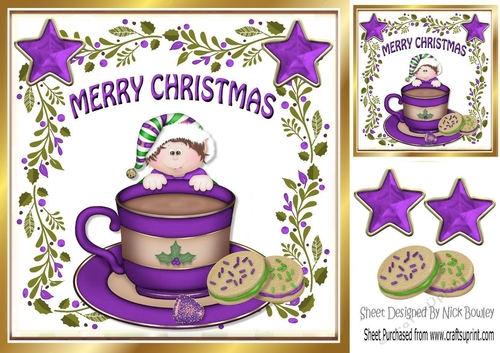 Santas little elf with purple stars & cookies in a teacup 8x8