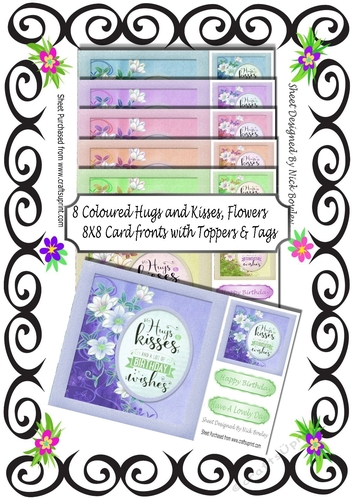 8 Lovely Coloured Hugs & Kisses Card fronts With Flowers