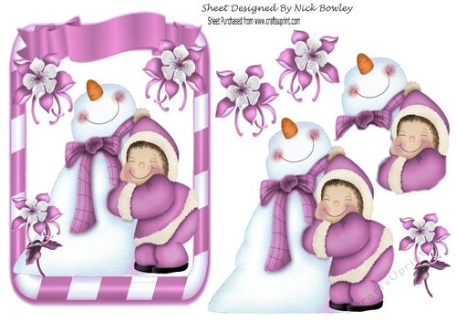 Best of snow friends snowman cuddles on a card front (pink)