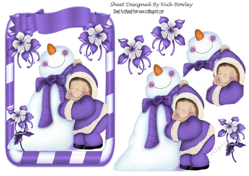 Best of snow friends snowman cuddles on a card front (purple)