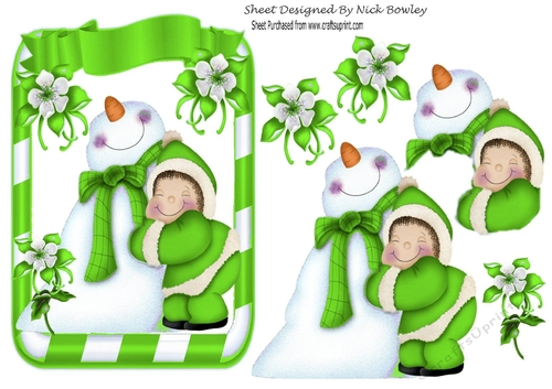 Best of snow friends snowman cuddles on a card front (Green)