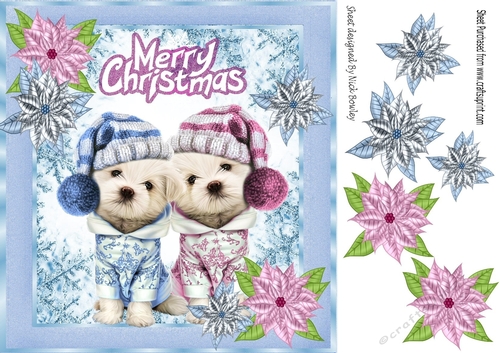 cute pair of puppies in pink and blue with snowflakes 8x8