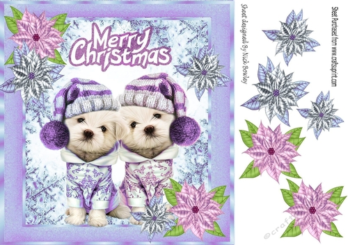 cute pair of puppies in purple and lilac with snowflakes 8x8