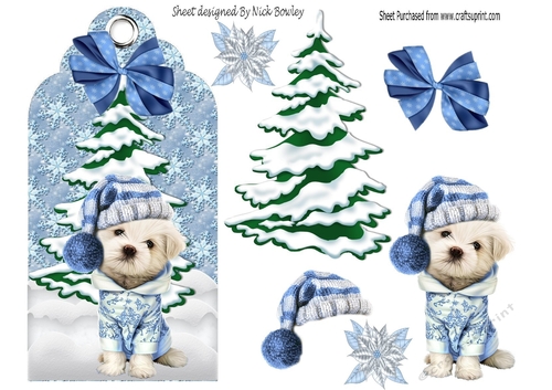 Cute puppy in a knitted hat (blue) with christmas tree on a tag