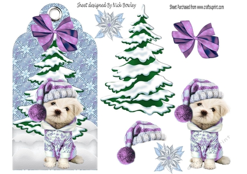 Cute puppy in a knitted hat (purple) with christmas tree on a tag