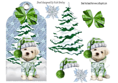 Cute puppy in a knitted hat (Green) with christmas tree on a tag