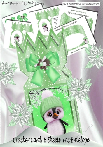 Cute little pengy in green with bow cracker card mini kit