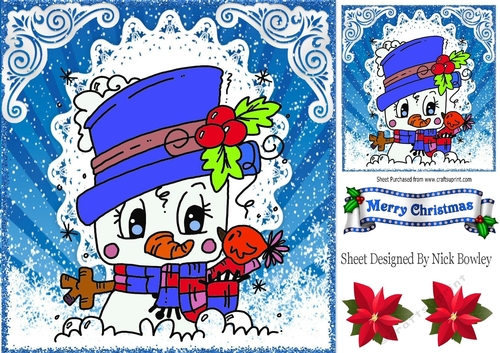 Lovely Chibi Snowman in blue hat in the snow 8x8