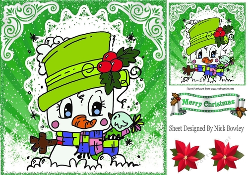 Lovely Chibi Snowman in green hat in the snow 8x8