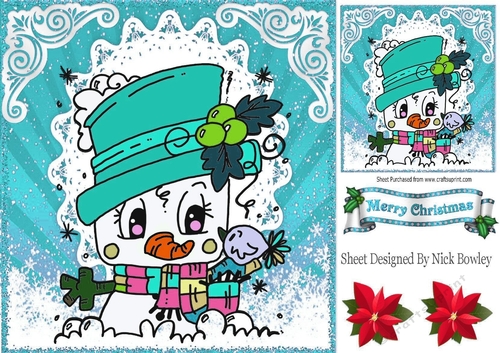 Lovely Chibi Snowman in turq hat in the snow 8x8