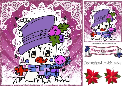 Lovely Chibi Snowman in purple hat in the snow 8x8