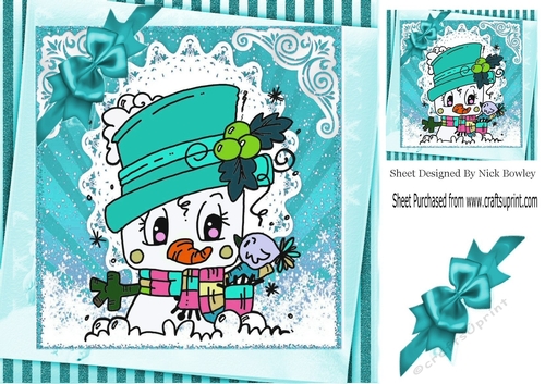 chibi snowman in stacker frame with stripes in turq hat 8x8