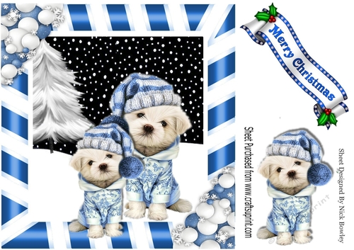 puppies in blue knitted hats with christmas tree striped frame 8x8
