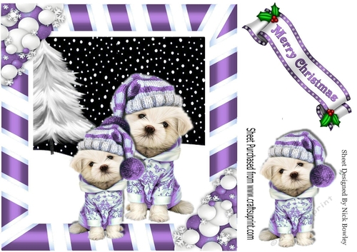 puppies in purple knitted hats with christmas tree striped frame 8x8