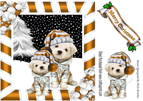 puppies in gold knitted hats with christmas tree striped frame 8x8