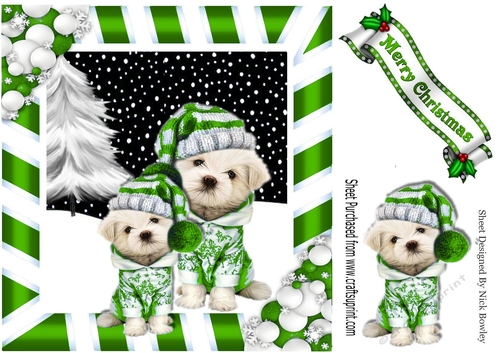 puppies in green knitted hats with christmas tree striped frame 8x8