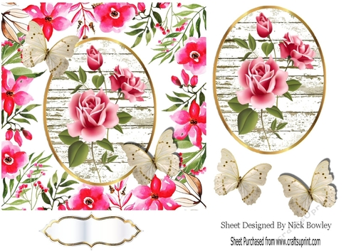 Pretty pink roses with topper and butterflies 5x5