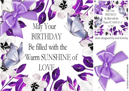 White flowers with bow frame (purple) and birthday sentiment 8x8