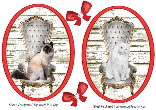 Two lovely toppers/card fronts of cats on chairs (red)