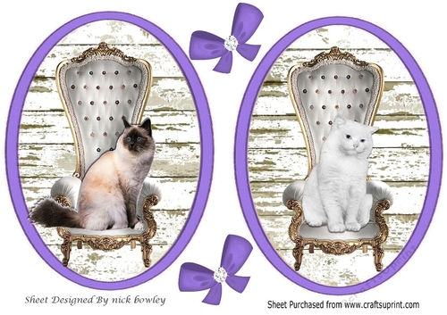 Two lovely toppers/card fronts of cats on chairs (purple)