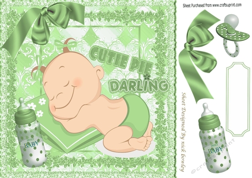 cutie pie baby with a bottle and dummy 8x8 (green)