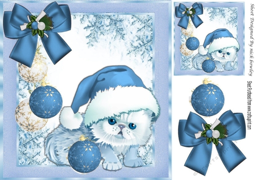 Cute kitty in santa hat with xmas baubles 8x8 (blue)