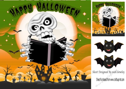 Here to tell you a story! skull with reading book, & bats 8x8 (orange)