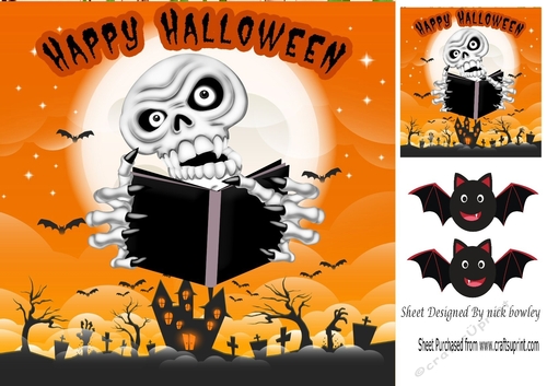 let me tell you a story! skull with reading book, & bats 8x8 (orange