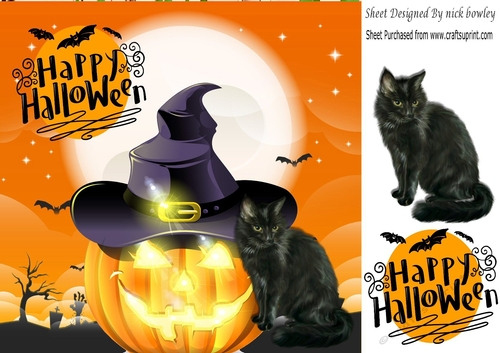 illuminated pumpkin with hat and black cat 8x8