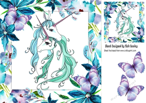 Lovely embracing unicorns in floral frame with purple butterflies 8x8