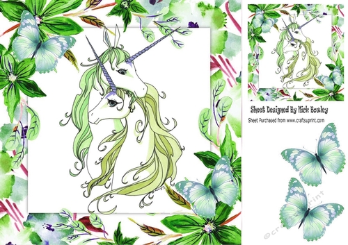 Lovely embracing unicorns in floral frame with turq butterflies 8x8