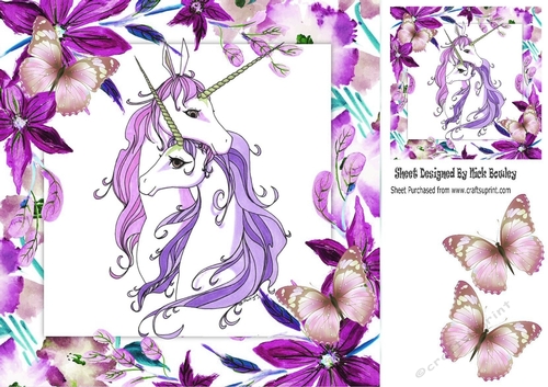 Lovely embracing unicorns in floral frame with pink butterflies 8x8