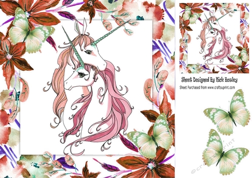 Lovely embracing unicorns in floral frame with green butterflies 8x8