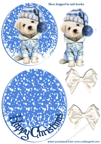 Lovely puppy in blue snow rocker with bows
