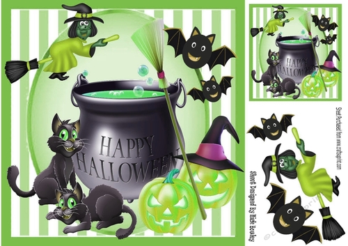 Cauldron with witch, cats, bats & pumpkins 8x8 (green)