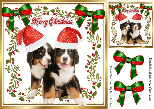 Cute pair of dogs in santa hats with ornate bows 8x8