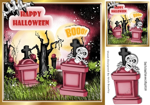 Boo skele with pink grave stones and claw 8x8