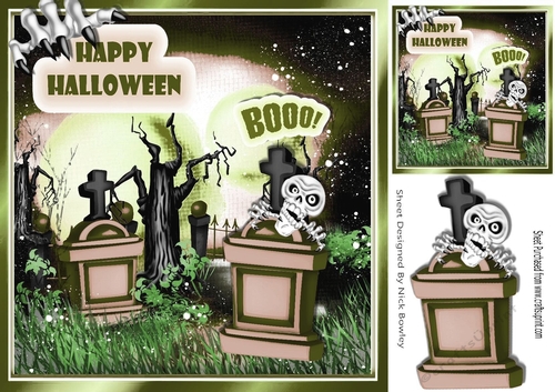 Boo skele with green grave stones and claw 8x8