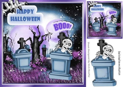 Boo skele with blue grave stones and claw 8x8