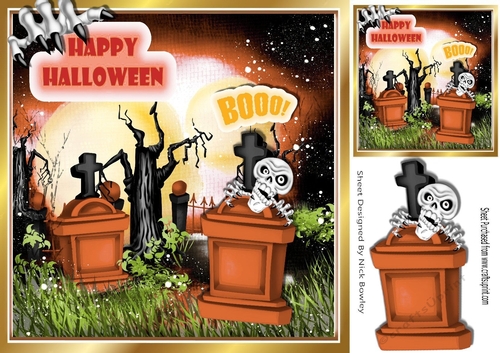 Boo skele with orange grave stones and claw 8x8