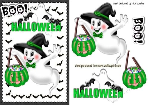 Happy Ghost  with green pumpkin with bats A5