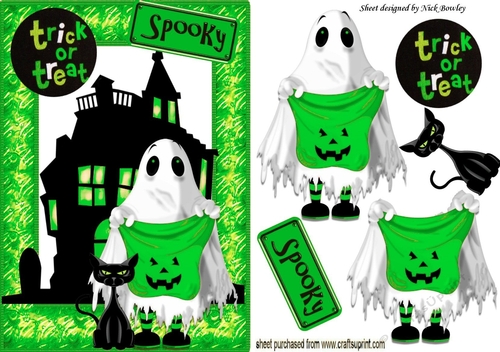 Trick or treat with ghost, with cat green eyes & haunted house A5