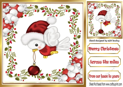 Cute robin in red in holly frame with baubles 8x8