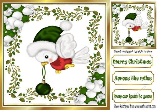 Cute robin in green in holly frame with baubles 8x8